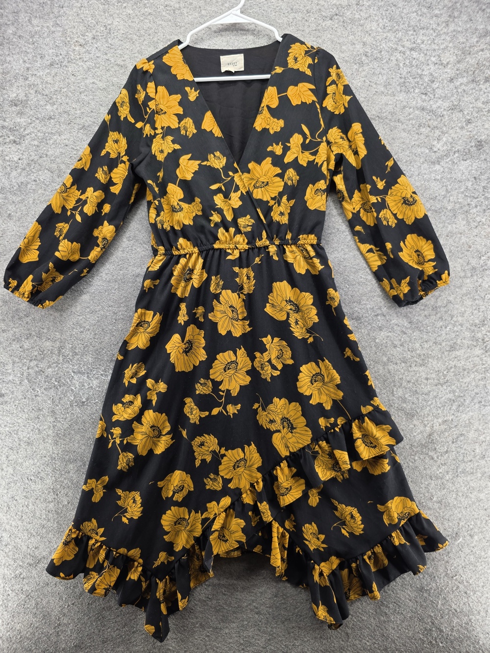 Reset by Jane Dress Womens Large Black Yellow Floral Ruffle Midi Wrap Boho